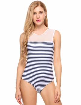 

Blue Deep V Back Mesh Patchwork One Piece Swimsuit, Multicolor