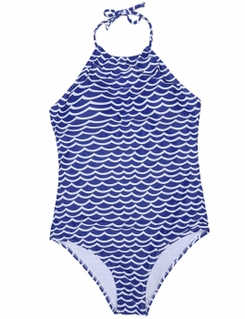 

Blue Halter Padded Backless Printed One Piece Swimwear, Multicolor