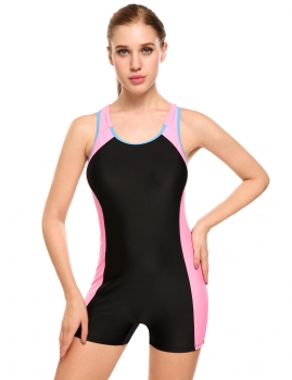 

Black Plus Size Racerback Back Cut Out Boyshorts One Piece Swimsuit, Multicolor