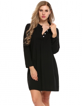 

Black Long Sleeve Button Down Sleep Shirt Nightgown, Multicolor