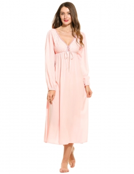 

Women V-Neck Long Sleeve Floral Lace Patchwork Nightdress Nightwear, Multicolor