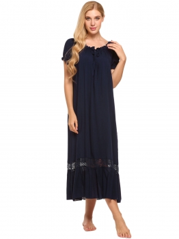 

Dark blue Vintage Style Short Sleeve Ruffled Lace Patchwork Nightgown, Multicolor