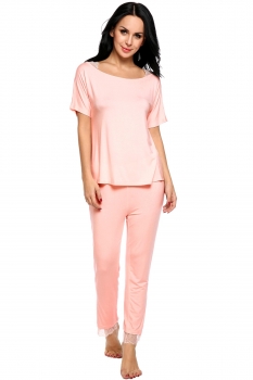 

Pink Lace Patchwork Short Sleeve Elastic Top with Pants Sleepwear Set, Multicolor