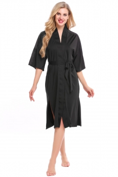 

Black Women Casual V-Neck Patchwork Split Hem Long Robe Pajamas with Belt, Multicolor