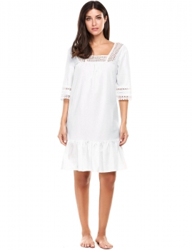 

White 3"4 Sleeve Lace Patchwork Square Neck Pullover Nightgown, Multicolor