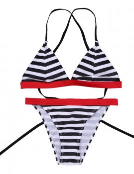 

Red Striped Patchwork Padded Triangle Split Bikini Set, Multicolor