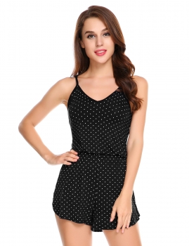 

Black V-Neck Spaghetti Straps Dot Short Rompers Sleepwear, Multicolor