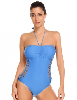 

Blue Halter Side Hollow Out Backless Solid One Piece Swimwear, Multicolor