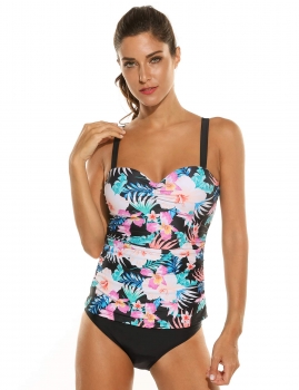 

Black Women's Underwire Push Up Floral Print Tankini Set Bathing Suit Swimwear, Multicolor