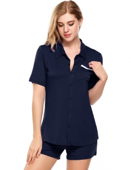 

Navy blue Short Sleeve Slim Button Turn-down Collar Pajamas Set, Multicolor