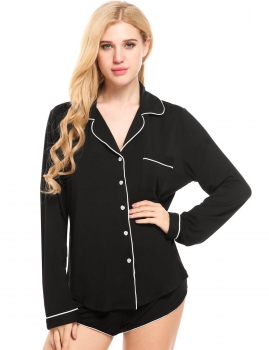 

Black Turn Down Collar Contrast Trim Long Sleeve Top with Shorts Pajamas Set, Multicolor