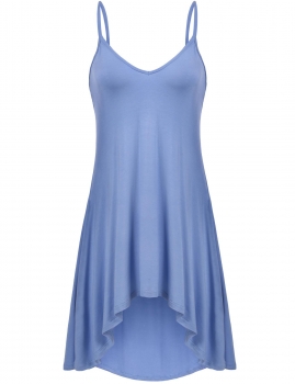 

Blue Solid V Neck Nightgown Spaghetti Straps Sleepwear Asymmetrical Hem Mini Sexy Dress, Multicolor