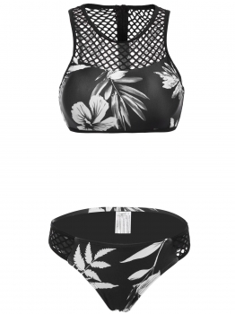 

Black Hollow Out Floral Two Pieces Swimsuit Bikini Set, Multicolor