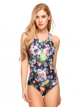

Blue Strap Halter Padded Stretchy One-piece Swimsuit, Multicolor