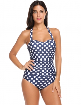 

Blue Halter Polka Dot Sexy One-Piece Swimwear Swimsuit, Multicolor