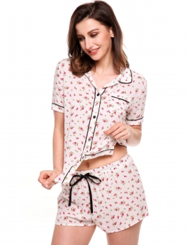 

White red Short Sleeve Print Slim Button-Down Collar Nightwear Pajamas Set, Multicolor