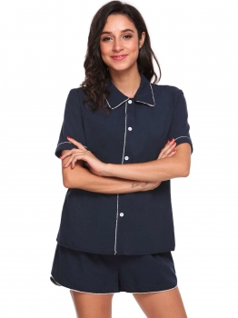 

Navy blue Short Sleeve Solid Slim Contrast Color Button Down Pajamas Set, Multicolor