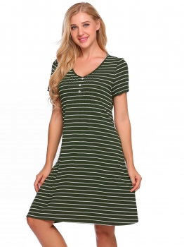 

Green Short Sleeve V-Neck Striped Pleated Button Nightwear, Multicolor