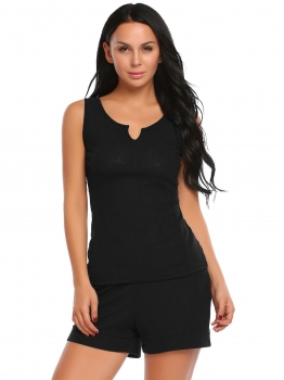 

Black Solid Notch Neck Tank Tops with Elastic Waist Shorts Pajamas Sets, Multicolor