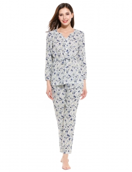

Women Casual V-Neck Long Sleeve Button Waist Drawstring Top With Pants Pajama Sets, Multicolor