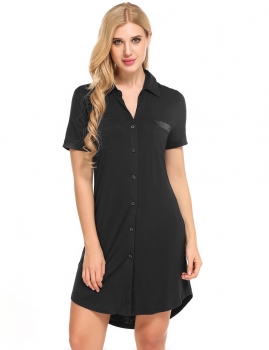 

Black Short Sleeve Button Down Sleepshirt Dress Sleepwear, Multicolor