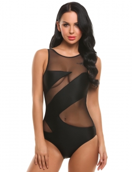 

Women O-Neck Sheer Mesh Backless Draped One Piece Swimsuit Swimwear, Multicolor