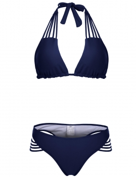 

Navy blue Solid Halter Strappy Ladder Cut Out Bikini Set, Multicolor