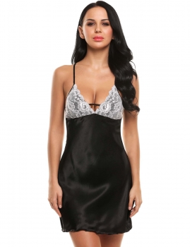 

Black Sleeveless Patchwork V Neck Sexy Lace Nightgown Sleepwear, Multicolor