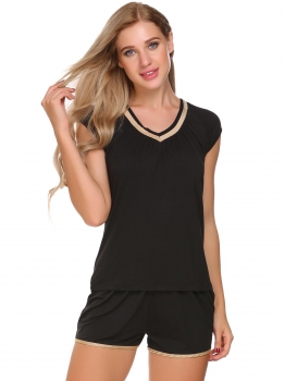 

Black Patchwork V-Neck Short Sleeve Tops with Elastic Waist Shorts Pajama Sets, Multicolor