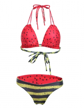 

Women's Lace Up Padded Watermelon Pattern Bikini Set Bathing Suit Swimwear, Multicolor