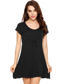 

Black Short Sleeve Pajamas Solid O Neck Nightgown Drawstring Loose Dress, Multicolor