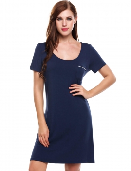 

Blue Short Sleeve Solid O-Neck Front Pocket Nightgown Sleepwear, Multicolor