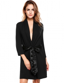 

Black Womens 3"4 Sleeve Solid Contrast Color Robe With Satin Belt, Multicolor