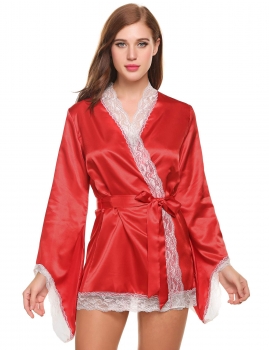 

Dark red Satin Long Sleeve Solid Loose Crochet Lace-Trimmed Sleepwear, Multicolor