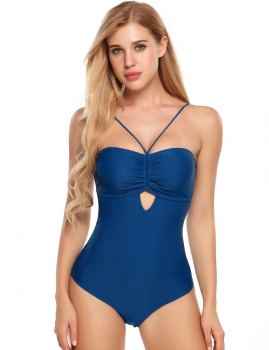 

Blue Solid Keyhole Ruched Back Lace Up One-Piece Swimwear, Multicolor