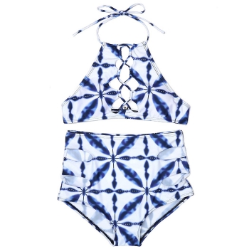 

Blue Printed Padded Bandage High Waist Bikini Set, Multicolor