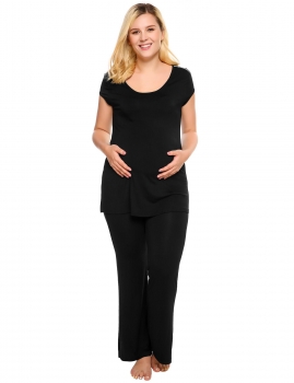 

Black Solid O-Neck Short Sleeve Maternity Nursing Pajamas Set, Multicolor