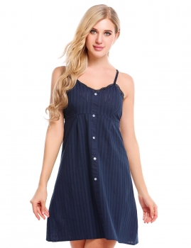 

Blue Spaghetti Strap V-Neck Solid Lace Sleepwear Dress, Multicolor