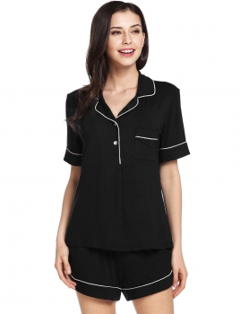 

Black Short Sleeve Solid Slim Sleepwear Contrast Color Turn-down Collar Eco-Friendly Comfortable Nightwear Pajamas Set, Multicolor