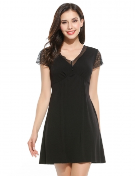 

Black Sexy V-Neck Lace Short Sleeve Button Waistband Sleepwear Dress, Multicolor