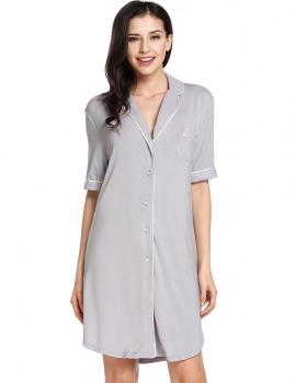 

Grey Long Sleeve Sleepwear Solid Turn-down Collar Contrast Color Loose Nightwear Kimono Robe, Multicolor