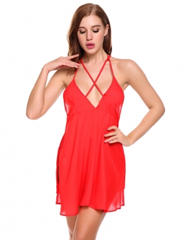 

Red V-Neck Sleeveless Adjustable Strap Solid Sleepwear Lingerie Mini Sleep Dress, Multicolor