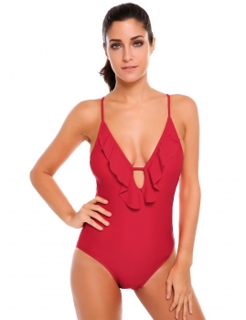 

Wine red Solid Cross Backless Ruffle Sexy One Piece Swimsuit, Multicolor