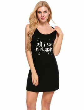 

Black Sleeveless Letter Print Nightgown Sleepwear, Multicolor