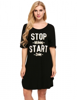 

Black Short Sleeve Letter Print Nightgown Loose Sleepwear, Multicolor