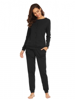 

Black Women Sleepwear Round Neck Long Sleeve Button Down Top & Pants Pajama Set, Multicolor
