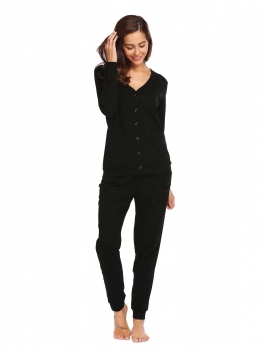 

Black Women Sleepwear V-Neck Long Sleeve Button Down Cardigan Top Pants Pajama Set, Multicolor
