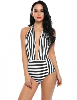

Black Halter Backless Striped Plunge Padded One Piece Swimwear, Multicolor