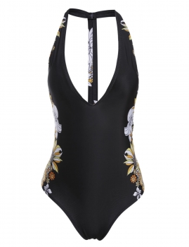 

Black Deep V-Neck Floral Print Backless One Piece Swimsuit Swimwear, Multicolor