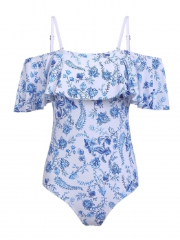 

Blue Women Spaghetti Strap Sleeveless Ruffles Print One Piece Swimsuit Swimwear, Multicolor